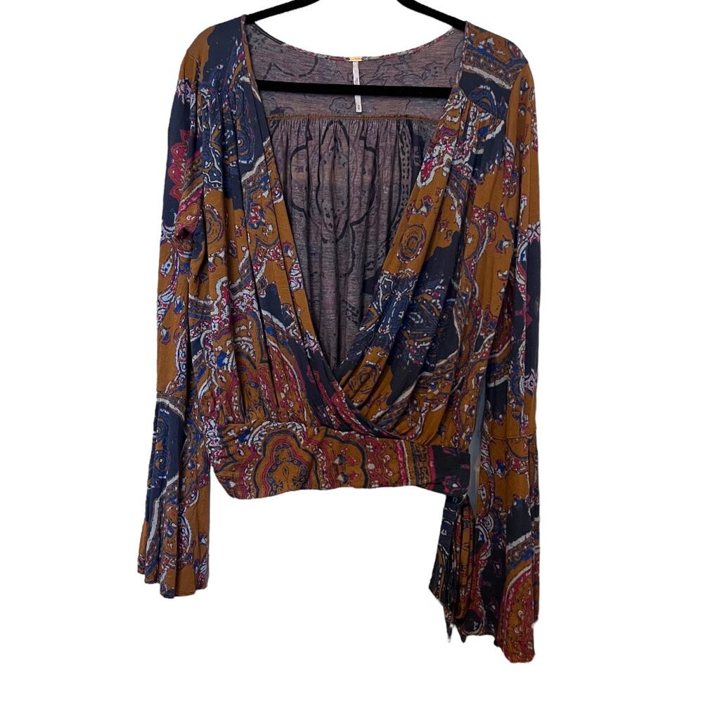 Free People Boho Faux Wrap Tie Waist Bell Sleeve Top In Golden Combo Size M - Picture 2 of 12